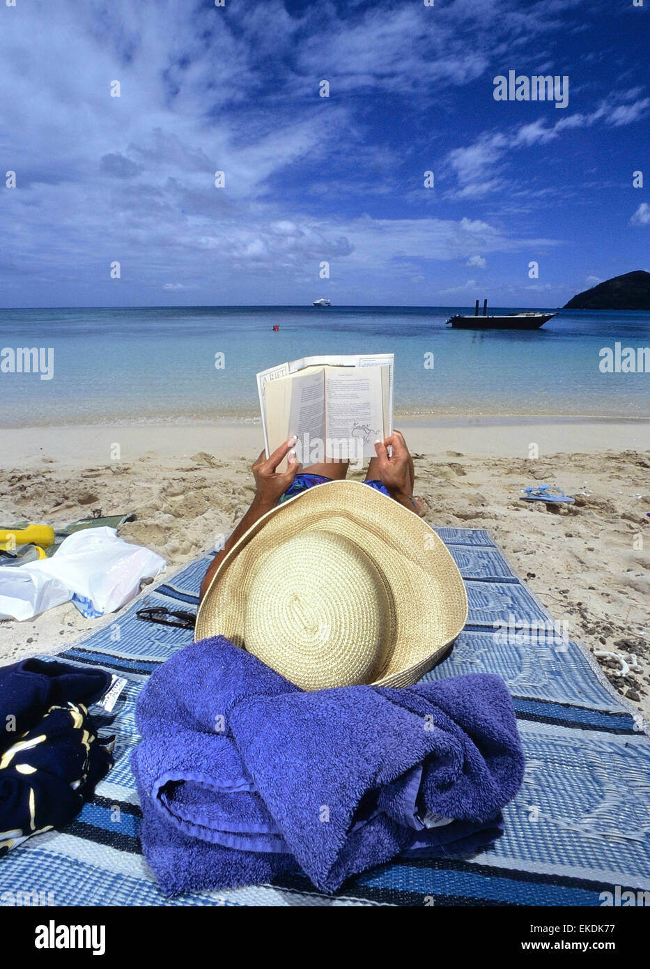 Frau liest auf einem einsamen tropischen Insel Strand. Fidschi-Inseln. Süd Pazifik Stockfoto