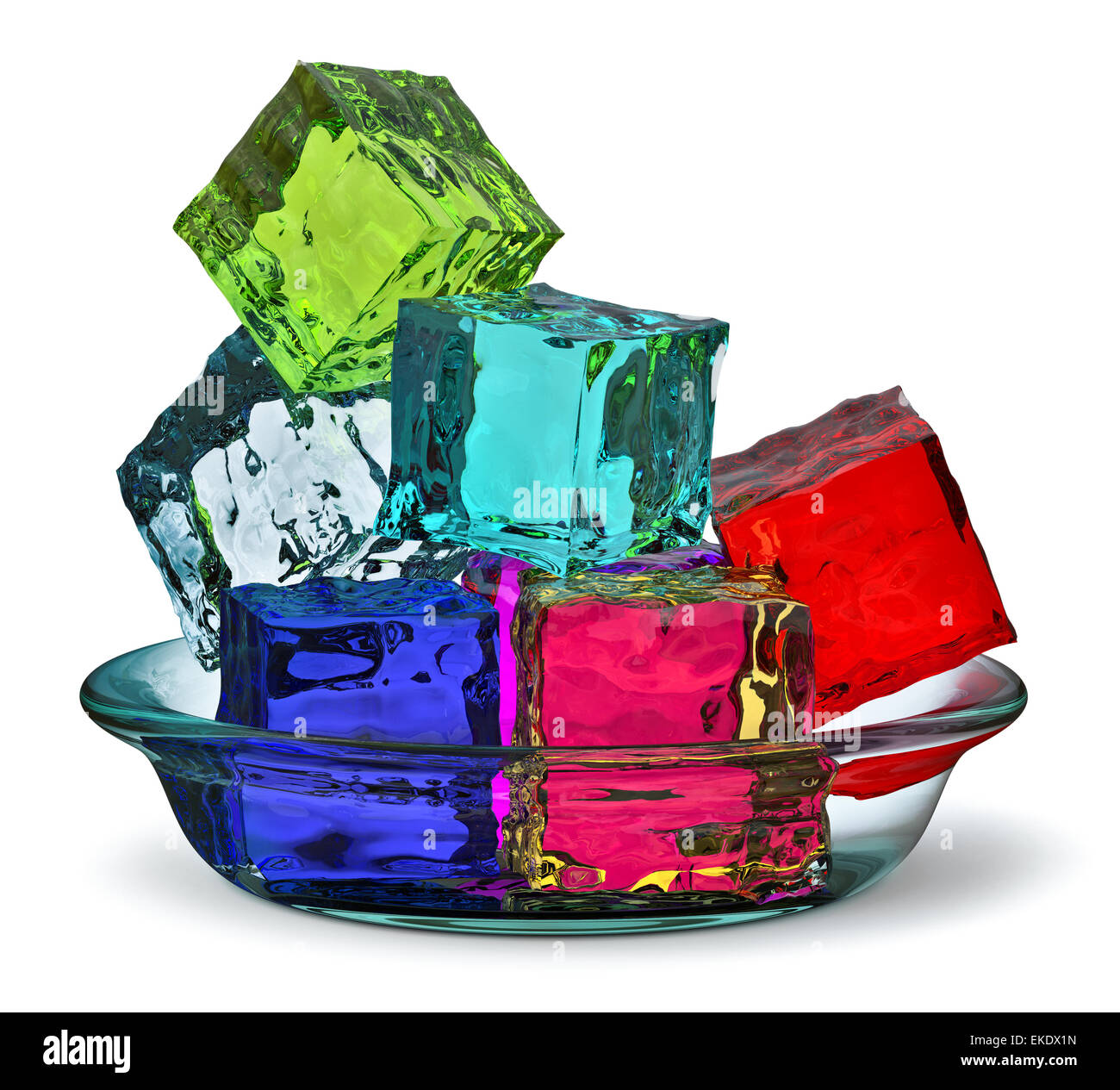 Verschiedene farbige Würfel Gelees in einer Glasplatte Stockfoto