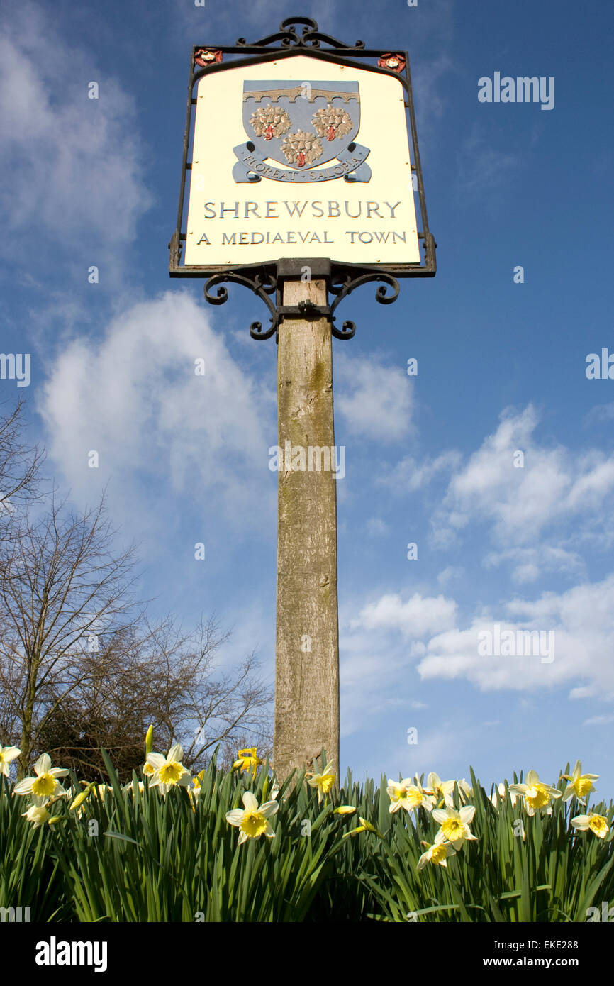 Alte Straße Zeichen, dass begrüßt Besucher Shrewsbury, dargestellt im Frühjahr unter blauem Himmel und umgeben von Narzissen. Stockfoto