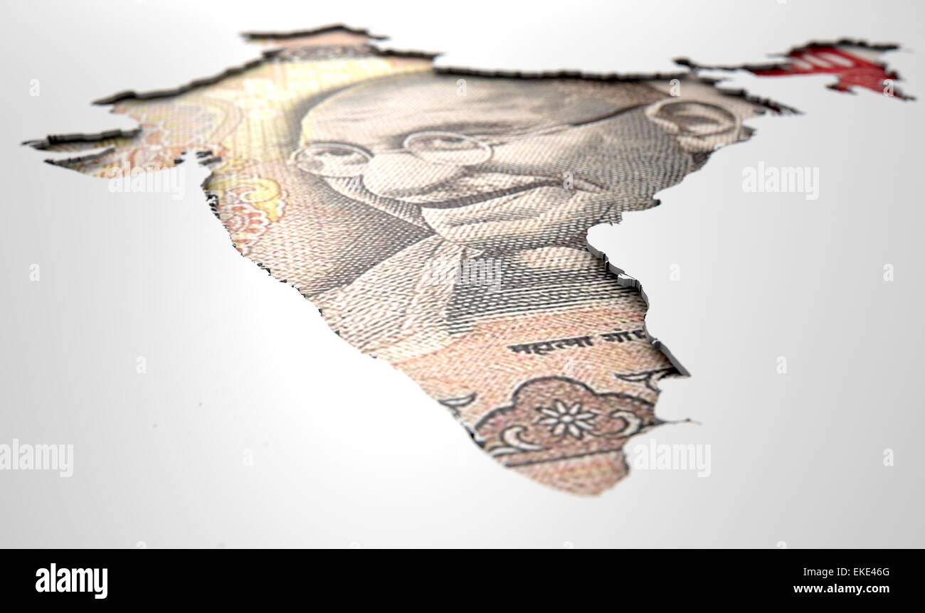 Die Form des Landes von Indien in den Farben ihrer Landeswährung Rupie in eine isolierte weiße Oberfläche eingelassen Stockfoto
