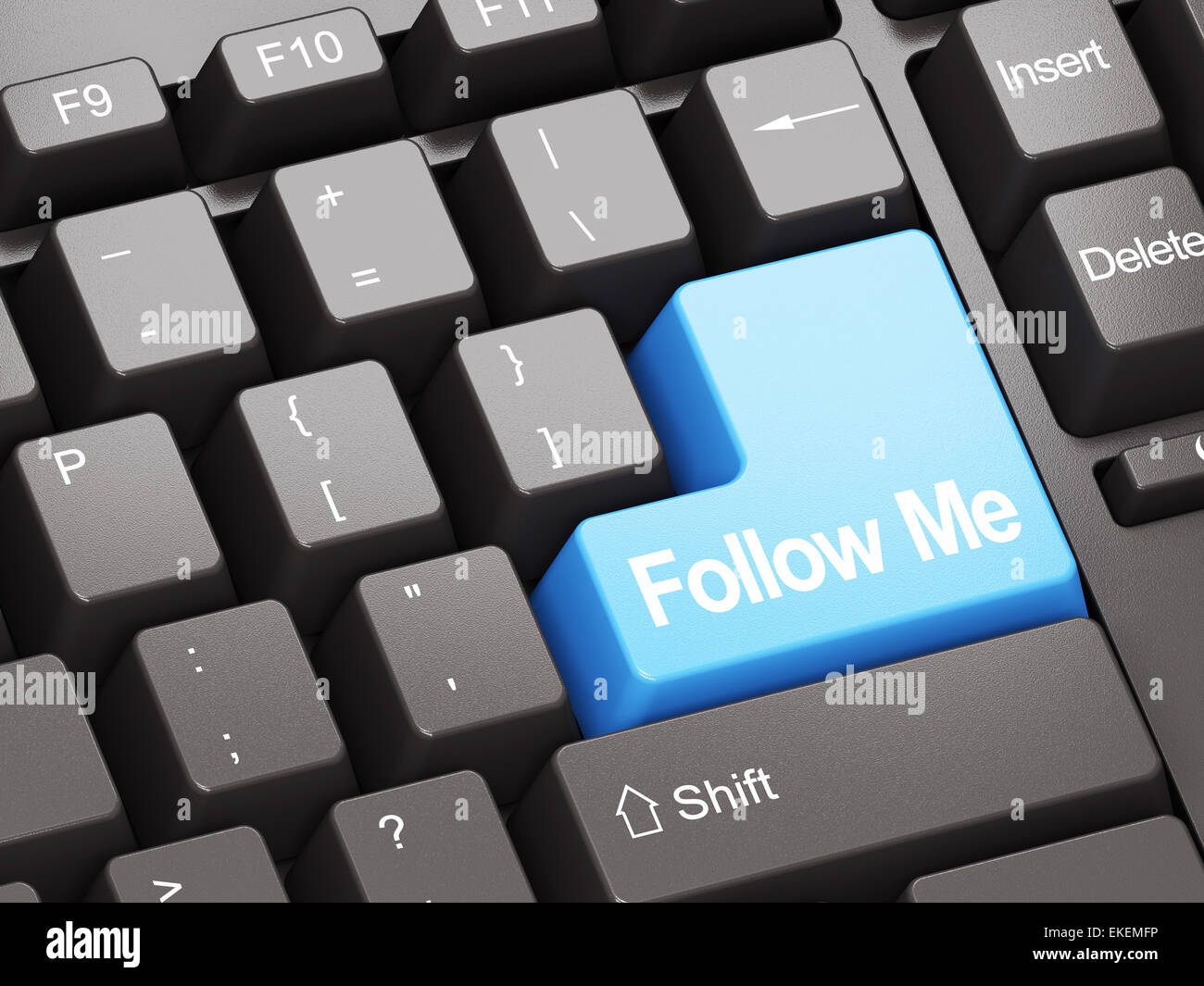 Schwarze Tastatur mit blauen Follow Me Taste Stockfoto