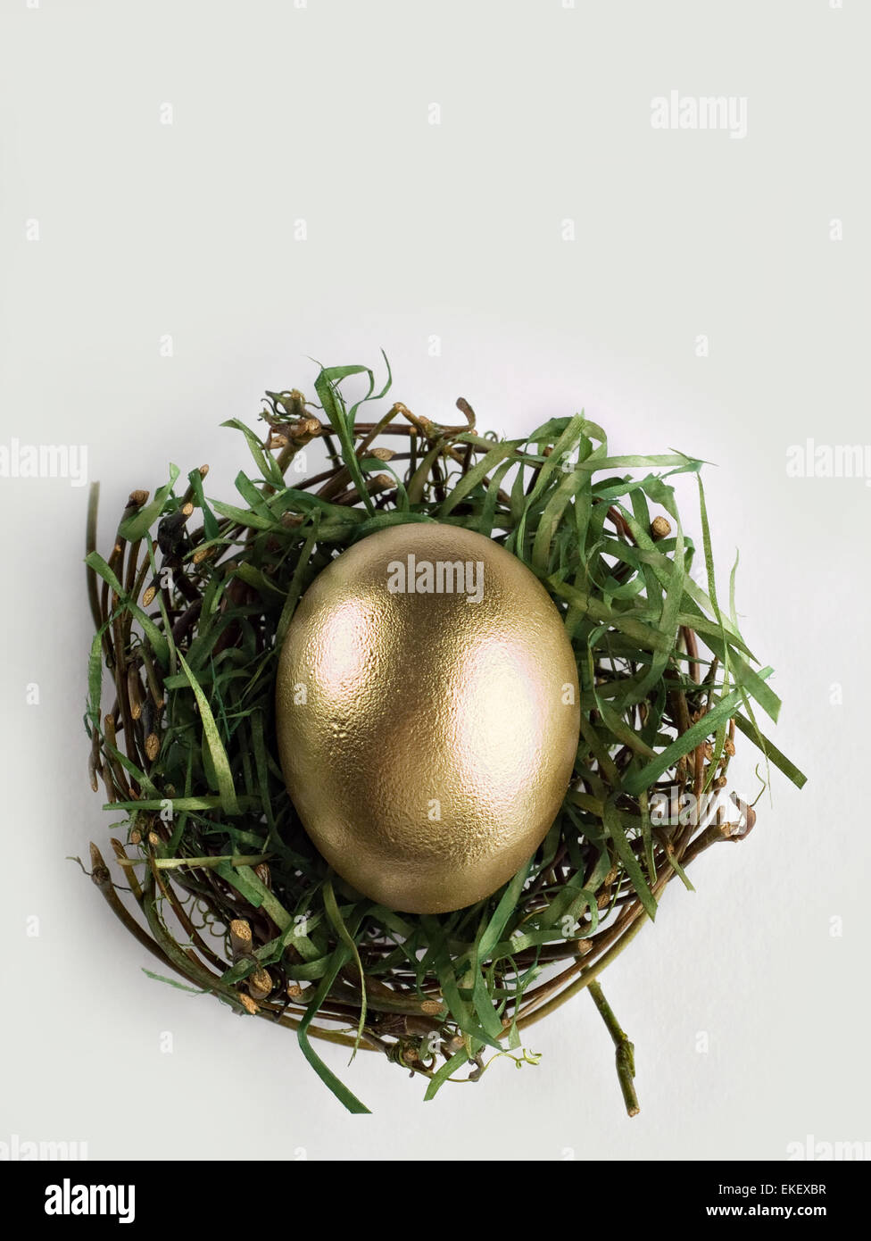 Goldenes Ei im Nest auf grau Stockfoto