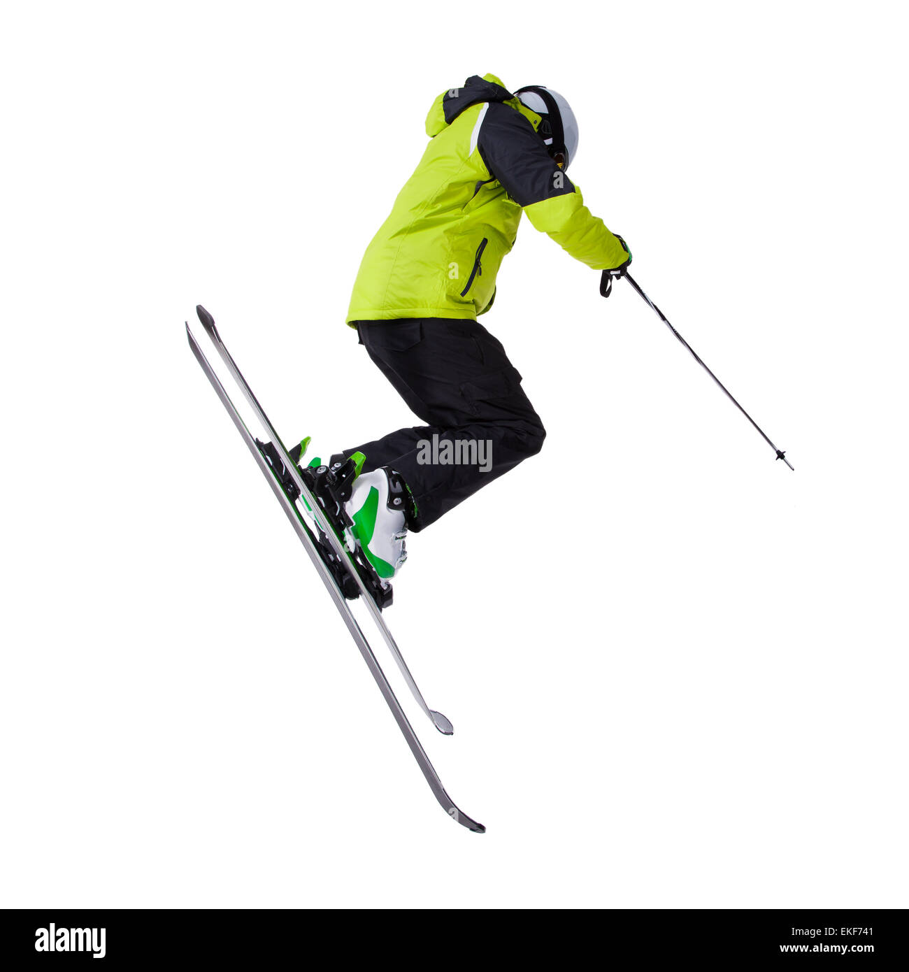 Mann Skifahrer Freestyler springen auf weißem Hintergrund Stockfoto