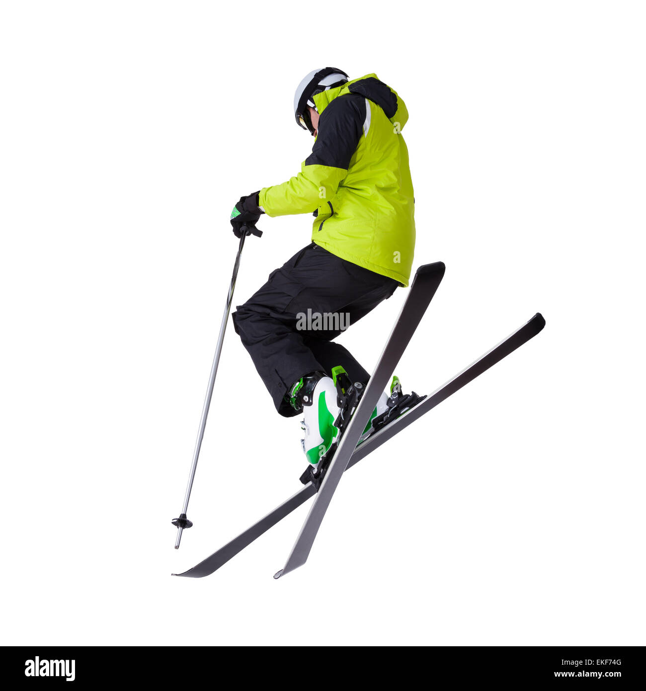Mann Skifahrer Freestyler springen auf weißem Hintergrund Stockfoto