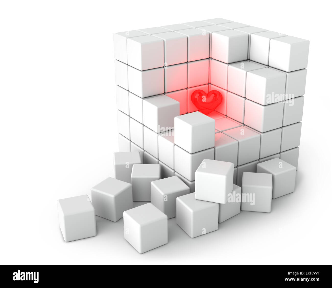 Rotes Herz hell und Big White Cube der kleine Würfel auf dem weißen Stockfoto