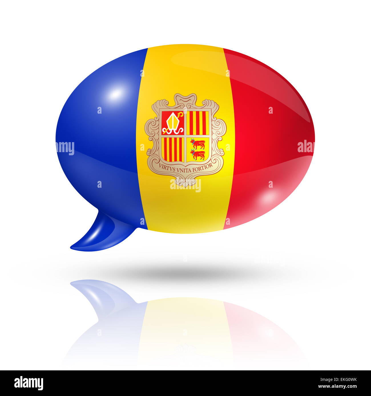 drei dimensionale Andorra Flagge in einer Rede Blase isoliert auf weiss mit Beschneidungspfad Stockfoto