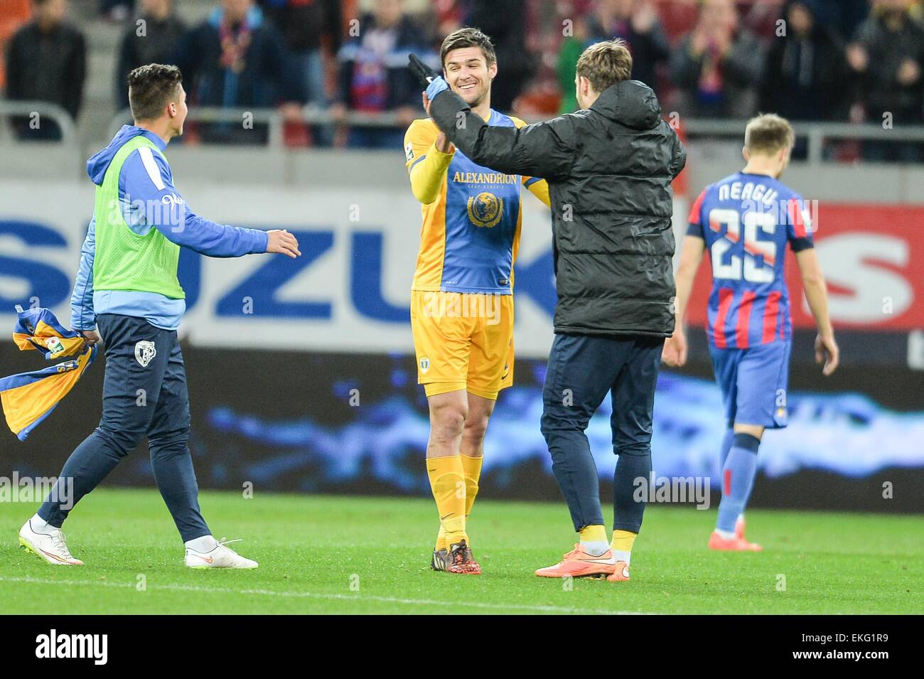 9. April 2015: Andrei Peteleu #77 von Petrolul Ploiesti am Ende der Liga, ich zwischen FC Steaua Bukarest ROU und FC Petrolul Ploiesti ROU bei nationalen Arena, Rumänien ROU Spiel. Catalin Soare/www.sportaction.ro Stockfoto