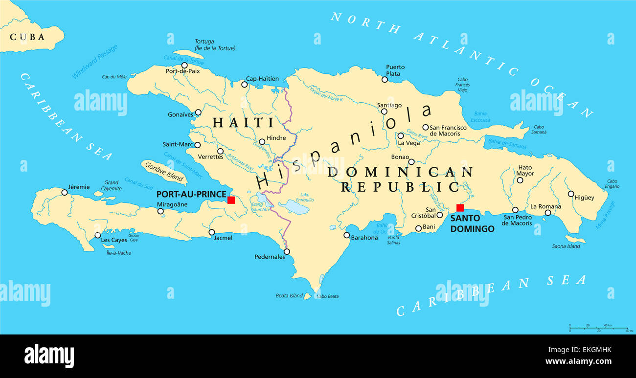 Politische Karte der Hispaniola mit Haiti und Dominikanische Republik Stockfoto