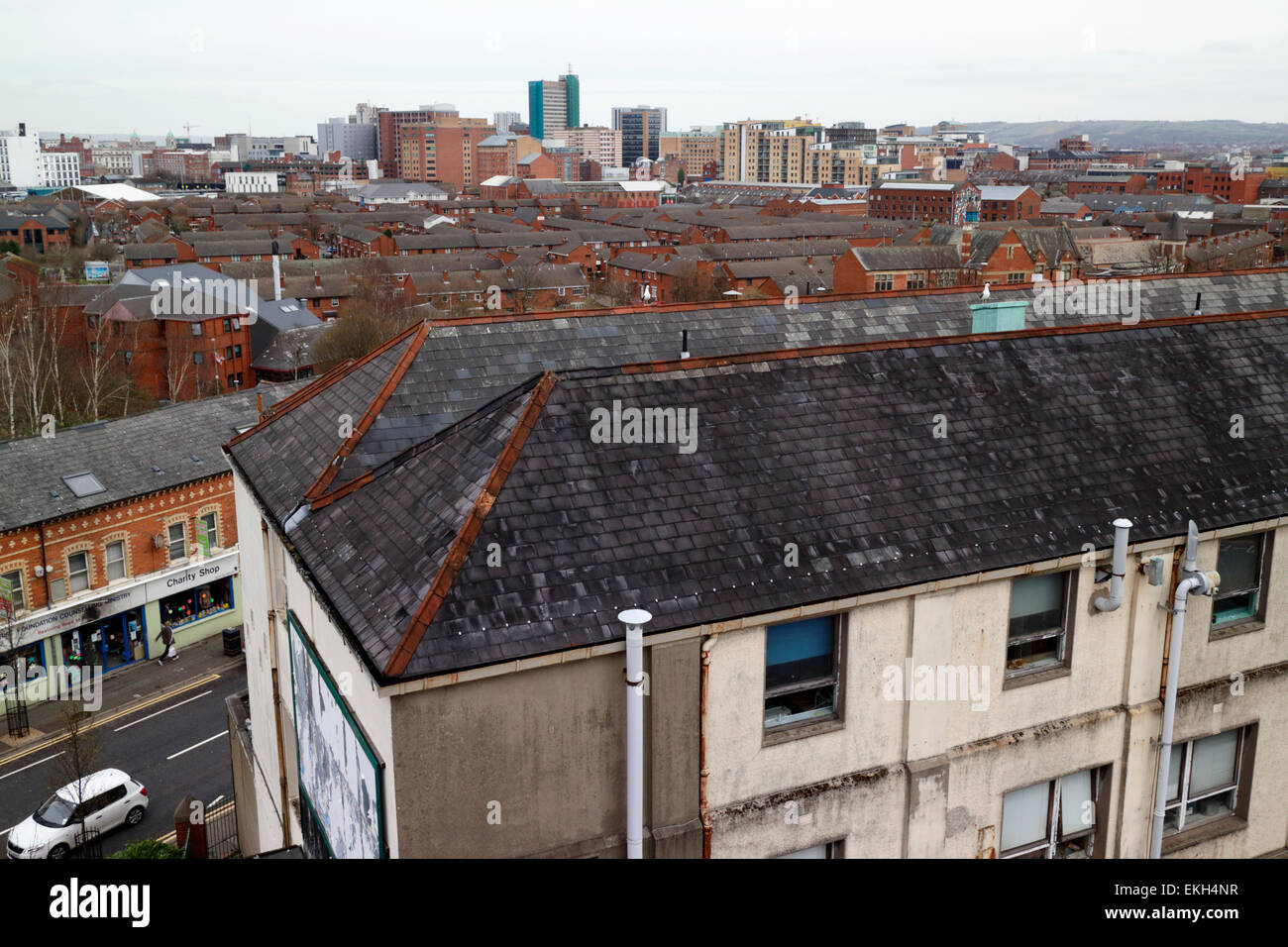 Blick über den alten Ortsteil von Süd-Belfast in Richtung City centre Nordirland Stockfoto