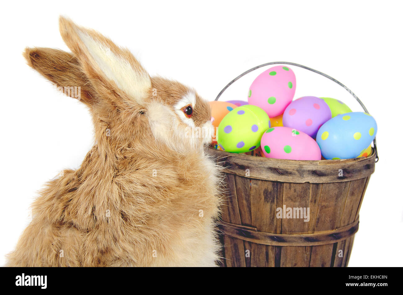 Kaninchen und Scheffel Korb gefüllt mit Polka Dot Ostereier isoliert auf weiss. Stockfoto