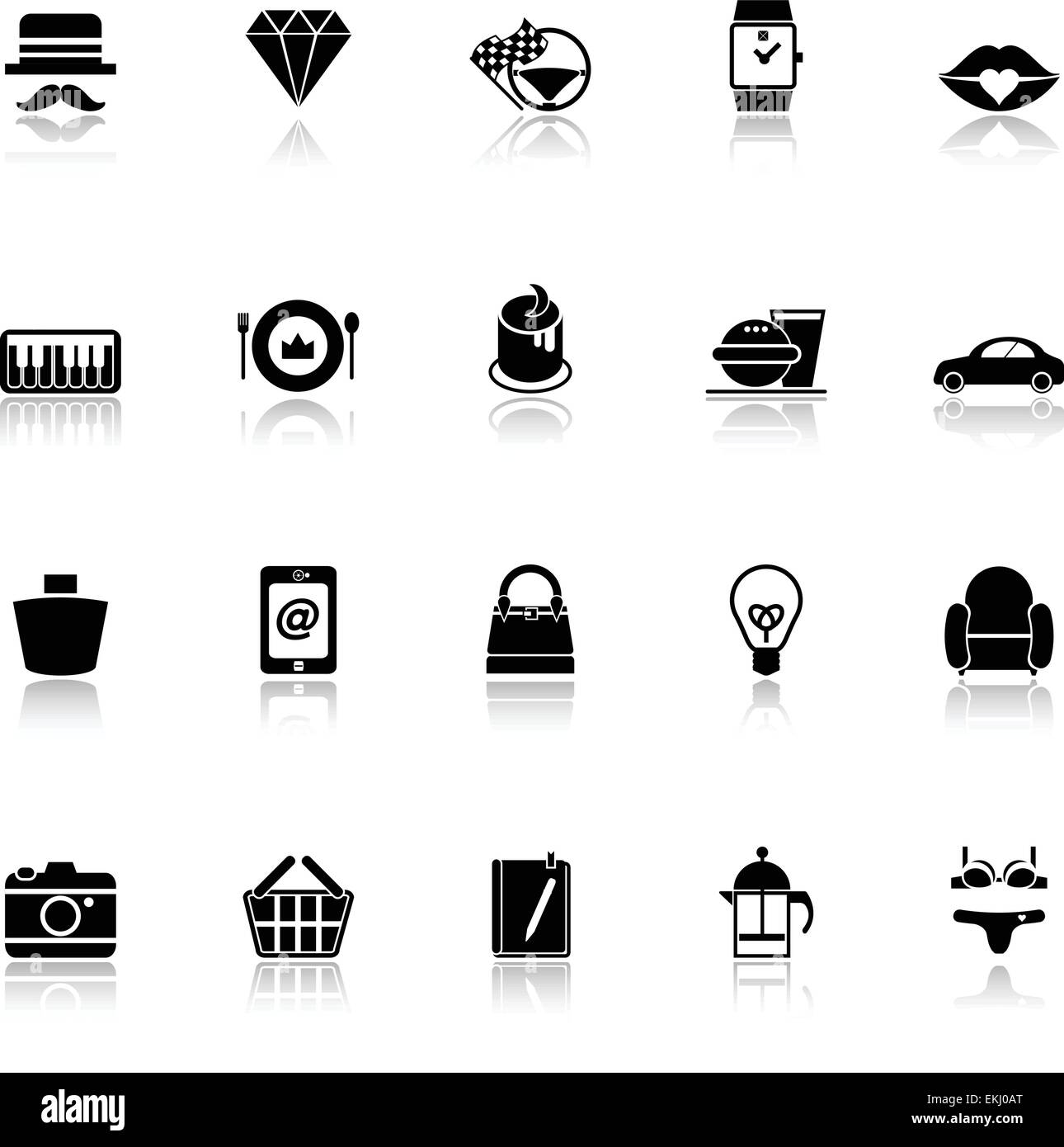 Kaufhaus-Item-Kategorie-Icons mit Spiegeln auf weißem Hintergrund, Lager Vektor Stock Vektor