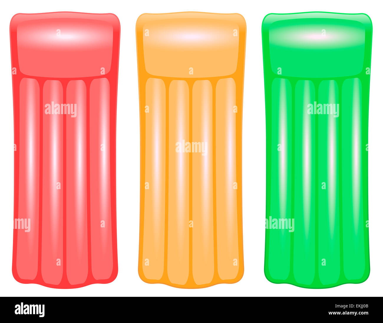 Drei Luftmatratzen in Ampel-Farben rot, Orange und grün. Stockfoto