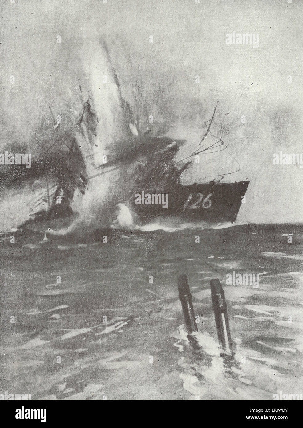 Die Zerstörung des deutschen Zerstörers S-126 durch den englischen u-Boot e-9 im ersten Weltkrieg Stockfoto