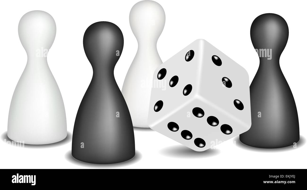 Brettspiel Figuren und Würfel in Design in schwarz und weiß auf weißem  Hintergrund Stock-Vektorgrafik - Alamy