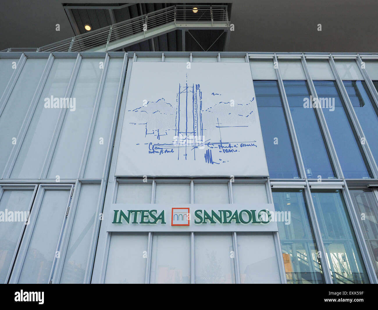 Turin, Italien. 11. April 2015. Skizzieren von Renzo Piano für das neue Hochhaus Gehäuse Intesa San Paolo Bank-zentrale, die nur für das Publikum geöffnet und ist das höchste Gebäude in Turin © Microstockeurope/Alamy Live-Nachrichten Stockfoto