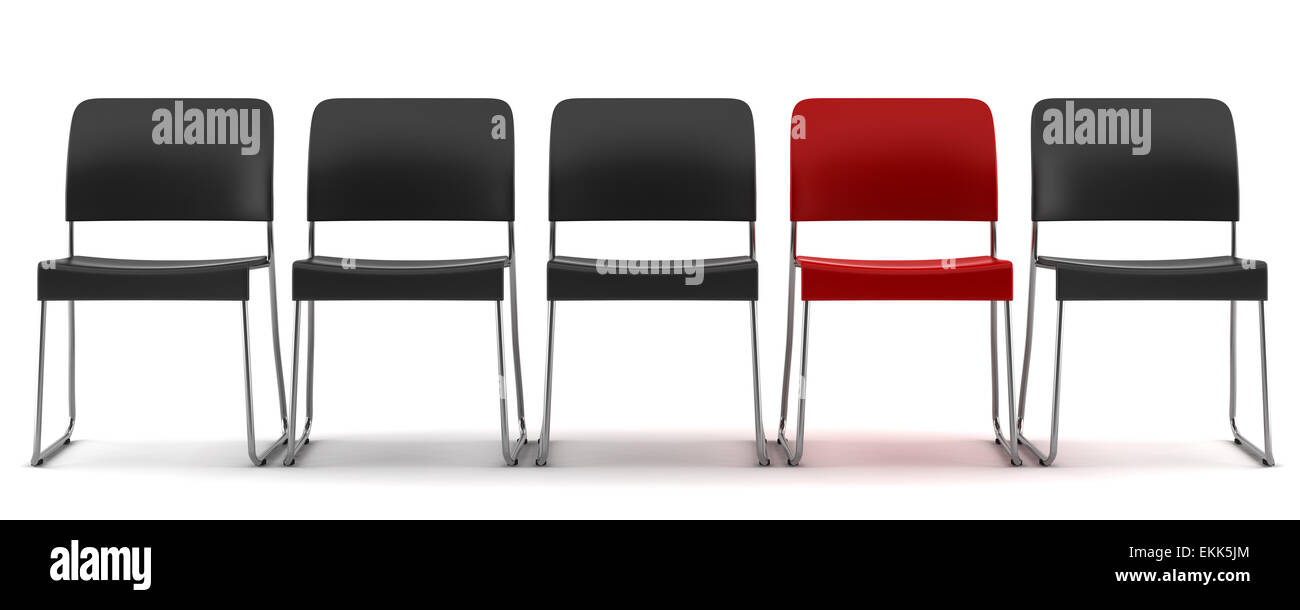3D roten Stuhl unter schwarzen Stühlen isoliert auf weißem Hintergrund Stockfoto