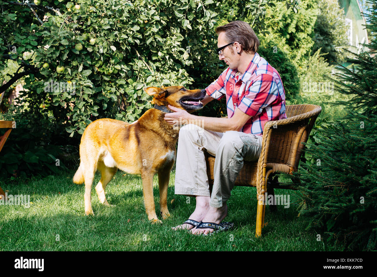 Mann und sein Hund ruhen im Garten im Sommertag Stockfoto