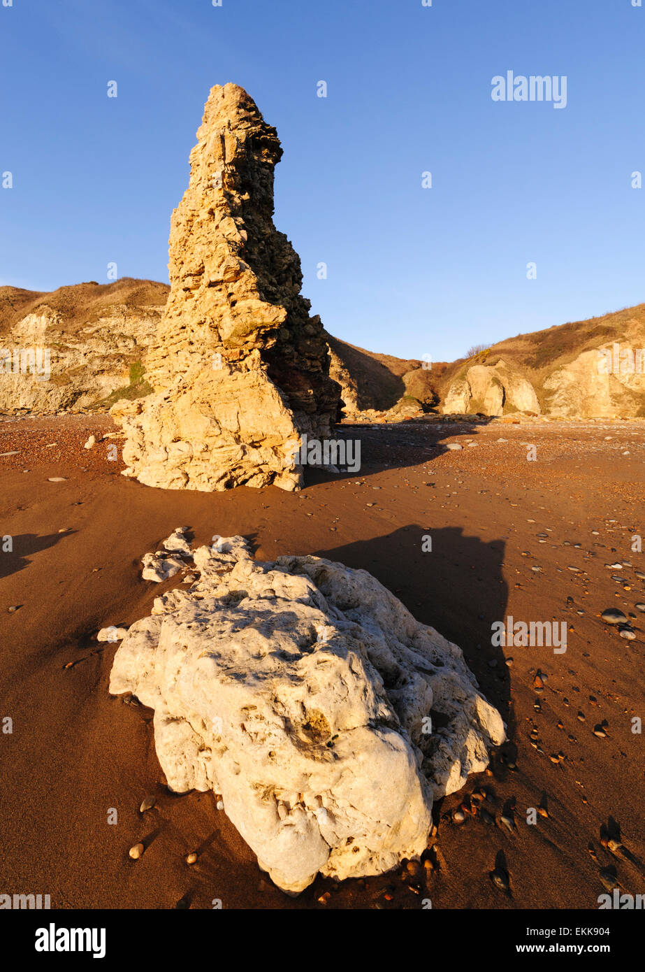 Magnesiumhaltiger Kalkstein Meer Stack auf Blast Strand in der Nähe von Seaham in der Grafschaft Durham Stockfoto