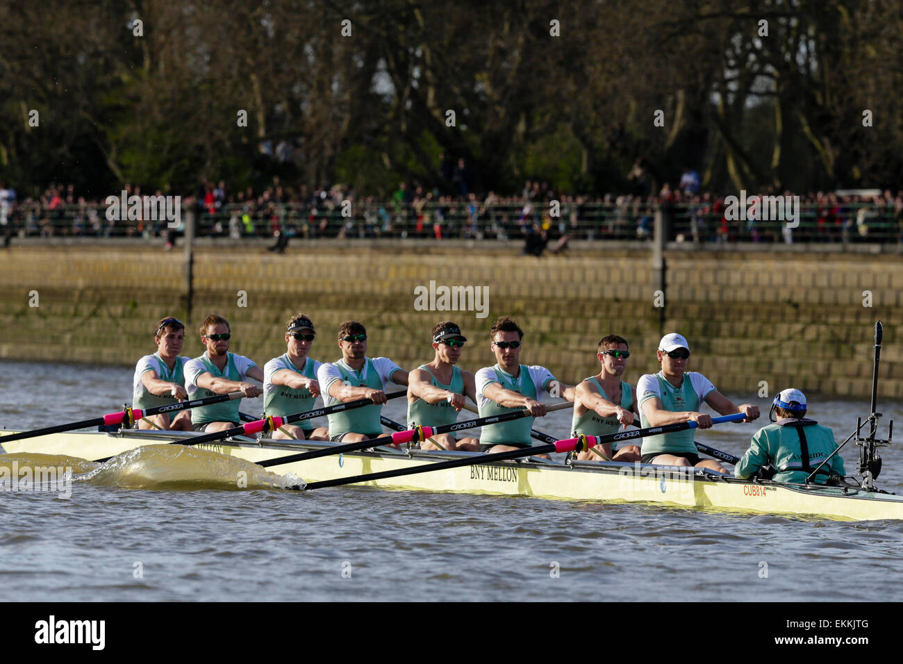 London, UK. 11. April 2015. BNY Mellon Regatten Tag. Mens-Regatta. Cambridge Mannschaft zu Beginn Cambridge Mannschaft – Bogen: Jasper Holst, 2:Luke Juckett, 3: Joshua Hooper, 4: Alexander Leichter, 5: William Warr, 6: Matthew Jackson, 7: Ben Ruble, Schlaganfall: Henry Hoffstot, Cox: Ian Middleton Credit: Action Plus Sport/Alamy Live News Stockfoto