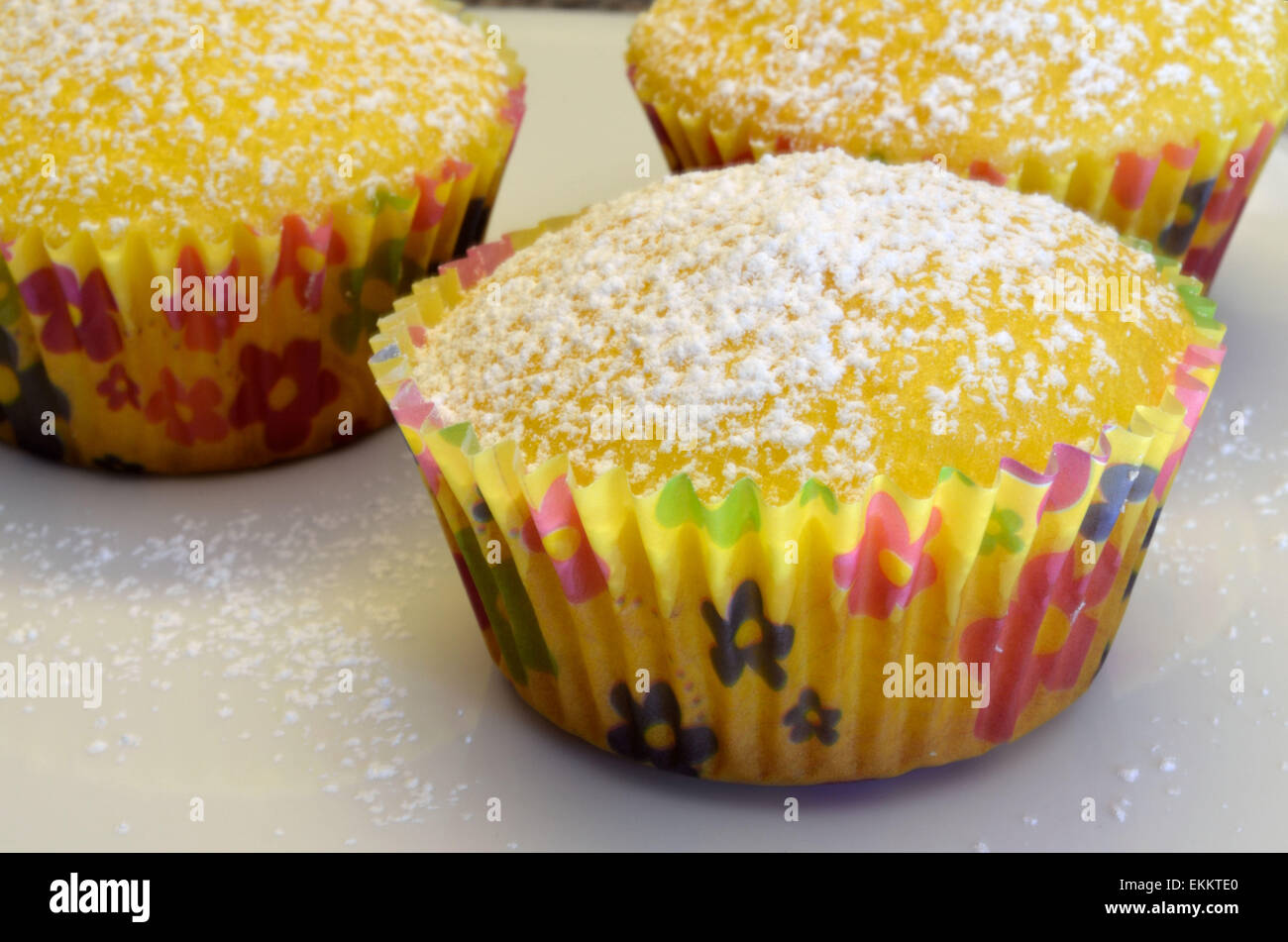 Frische hausgemachte Zitronen Cupcakes mit einer Prise Puderzucker Puderzucker bestreut Stockfoto