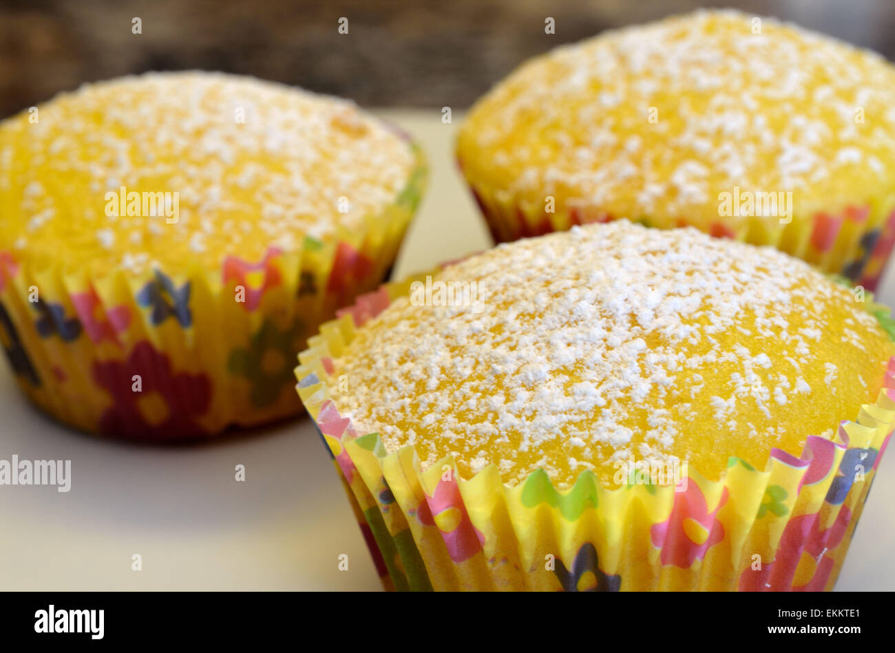 Frische hausgemachte Zitronen-Cupcakes mit pulverisierte Puderzucker bestreut Stockfoto