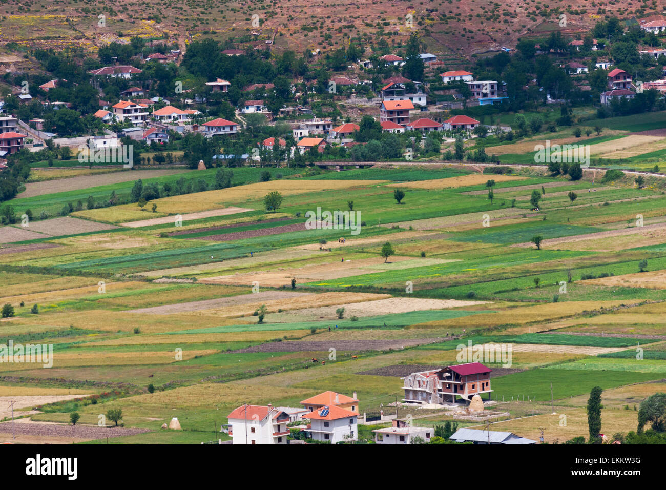 Ackerland und Dorf beherbergt, Albanien Stockfoto