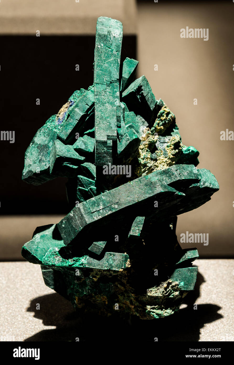 Malachit, ein Mineral Kupfer Kalziumkarbonat in Pseudomorphs Azurit. Stockfoto