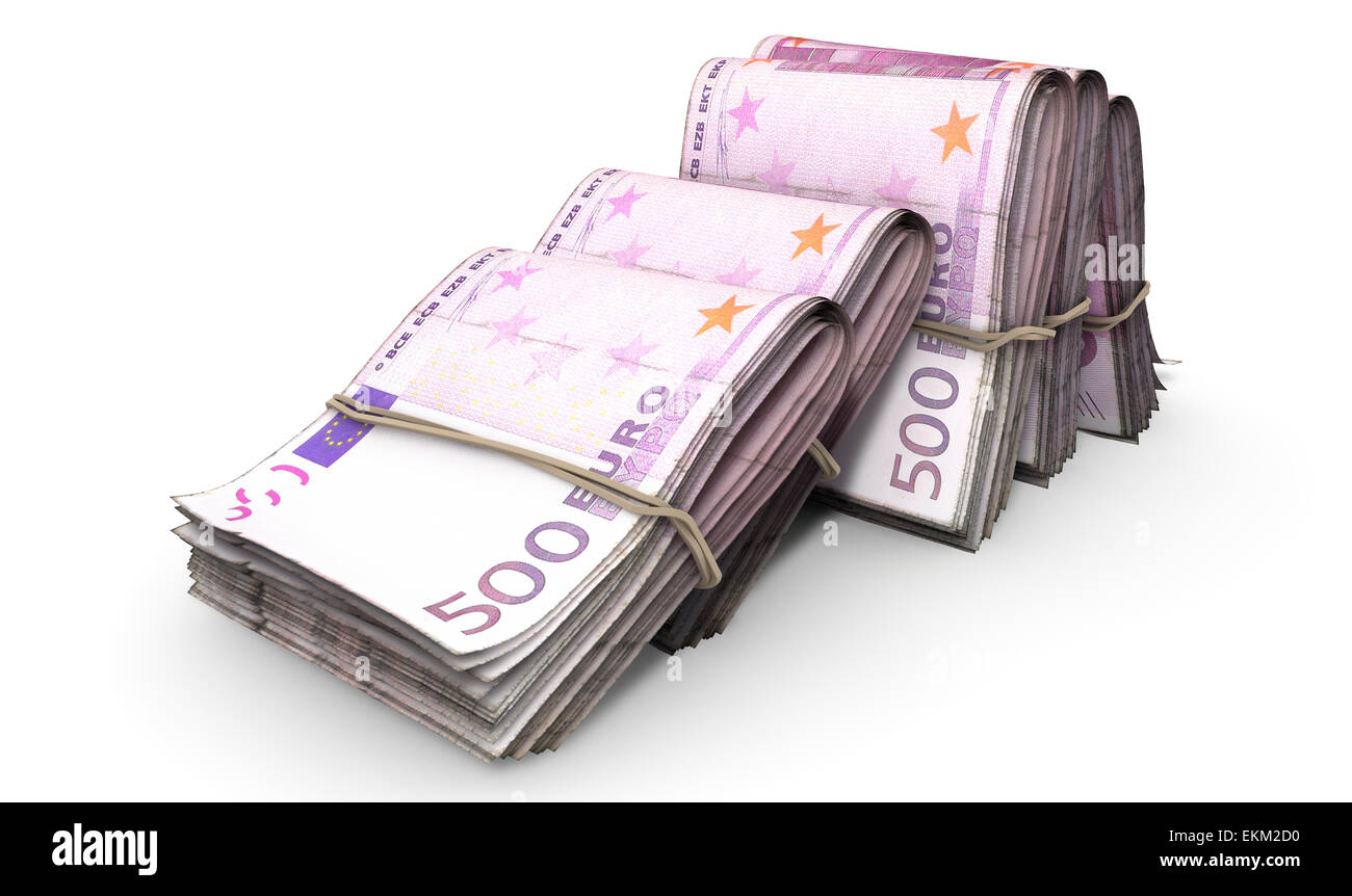 Eine Nahaufnahme von fünf Bündel von über Stapeln von Euro-Banknoten gefaltet jeweils gebundenen Infomally durch ein Gummiband in einem Domino-f festgelegten Stockfoto