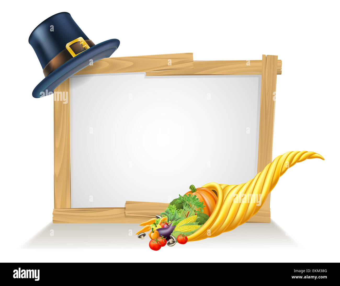 Thanksgiving Schild und goldenen Füllhorn Füllhorn voller Gemüse und Obst zu produzieren, mit einem Pilger oder Puritan thanksgivi Stockfoto