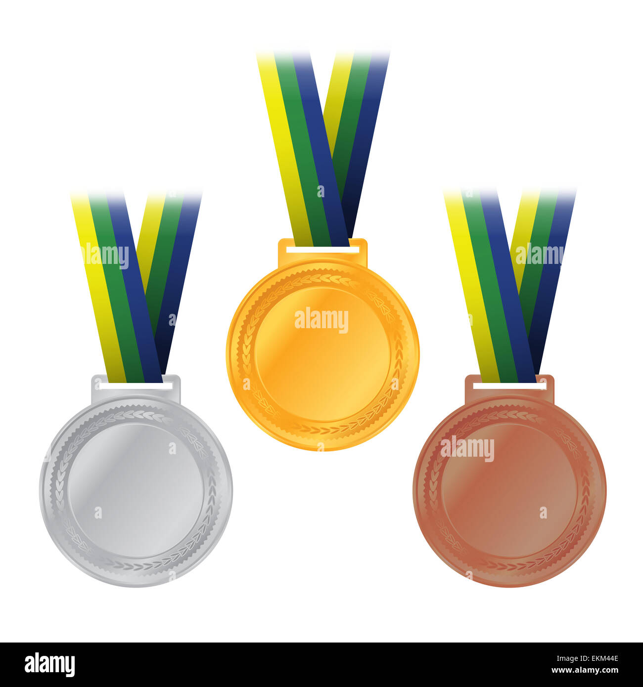 Zur Veranschaulichung der Olympia-Gold, Silber und Bronze Medaillen und Bändern mit Brasilien-Farben. Stockfoto