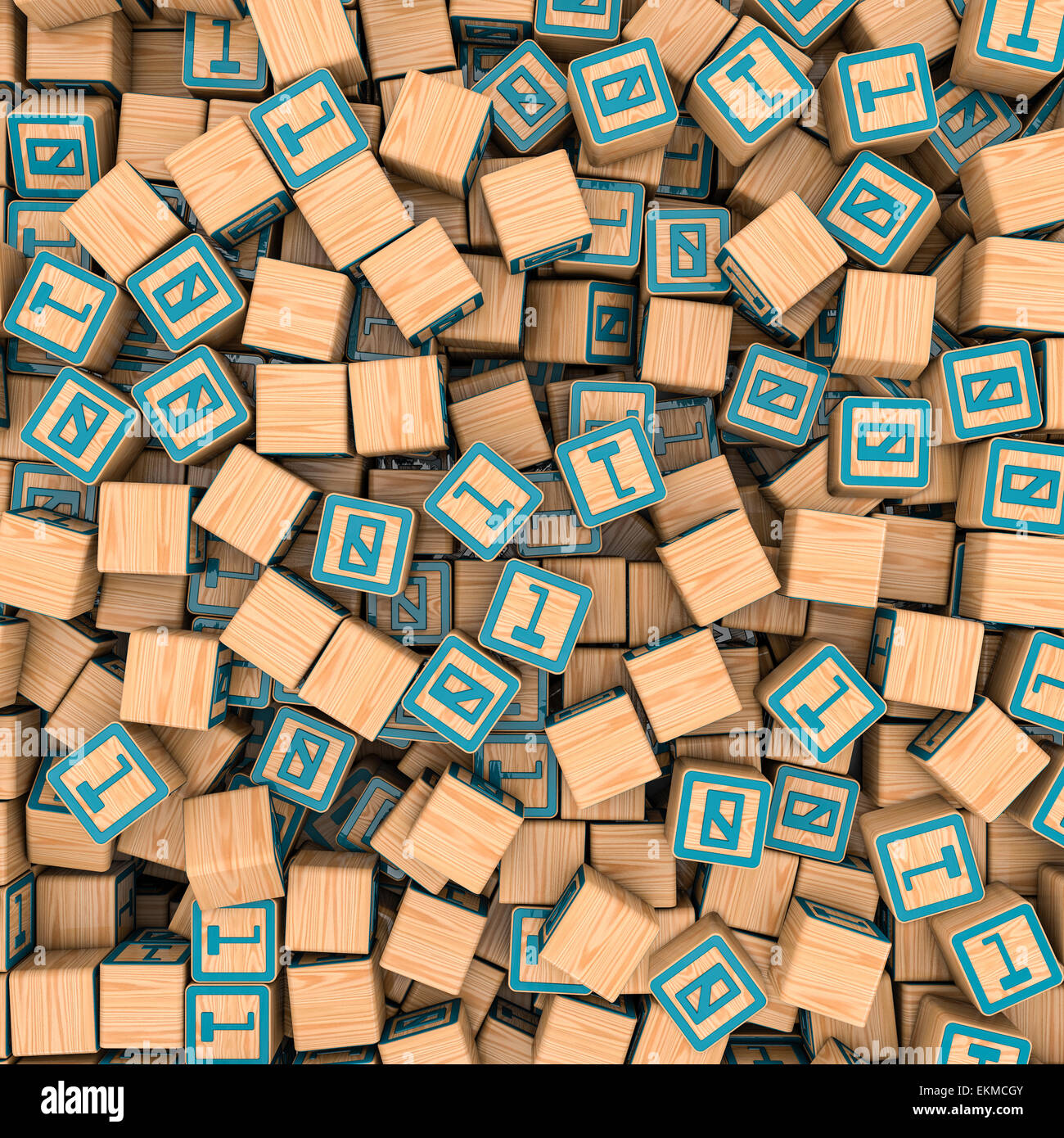 3D-Render Hunderter Bauklötze mit Binärbild eins und Null Füllung Stockfoto