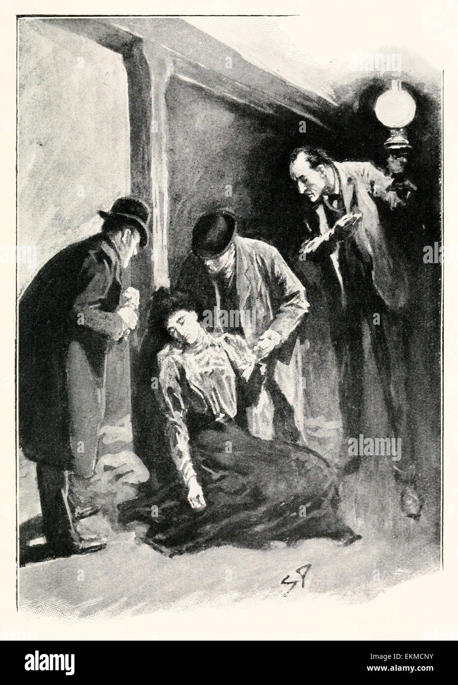 "Frau Stapleton sank auf den Boden." - aus "The Hound of the Baskervilles" von Doyle (1859-1930). Illustration von Sidney Paget (1860-1908). Siehe Beschreibung für mehr Informationen. Stockfoto