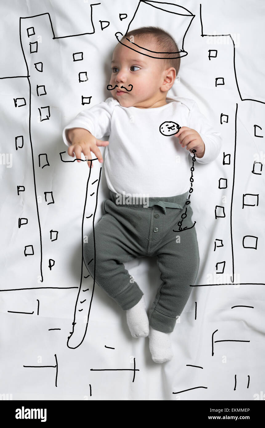 Niedliche Baby Boy posiert wie ein Gentleman-Dekoration-Skizze Stockfoto