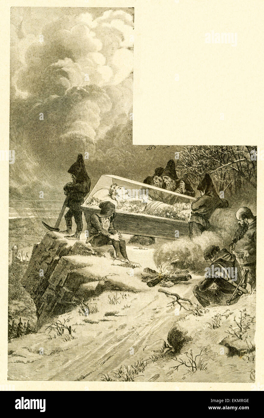 Im Jahre 1812 veröffentlicht Gebrüder Grimm, Jacob und Wilhelm, Kinder- und Hausmärchen, eine Sammlung Deutsche Märchen. Diese Illustration begleitet das Märchen von Schneewittchen. Hier sehen die Zwerge in Trauer über Snow White, nachdem sie sie in einem gläsernen Sarg platziert haben, nach dem Essen eines vergifteten Apfels die Königin ihr gab. Dieses Bild ist aus Grimms Eventyr (Grimms Märchen) von Carl Ewald, im Jahr 1922 veröffentlicht. Das Titelbild hat die Illustrationen von Philip Grot Johann und R. Leinweber. Johann war ein bekannter deutscher Illustrator und Stücke für Goethe, aber er hielt seine Stücke für Grimm ta Stockfoto
