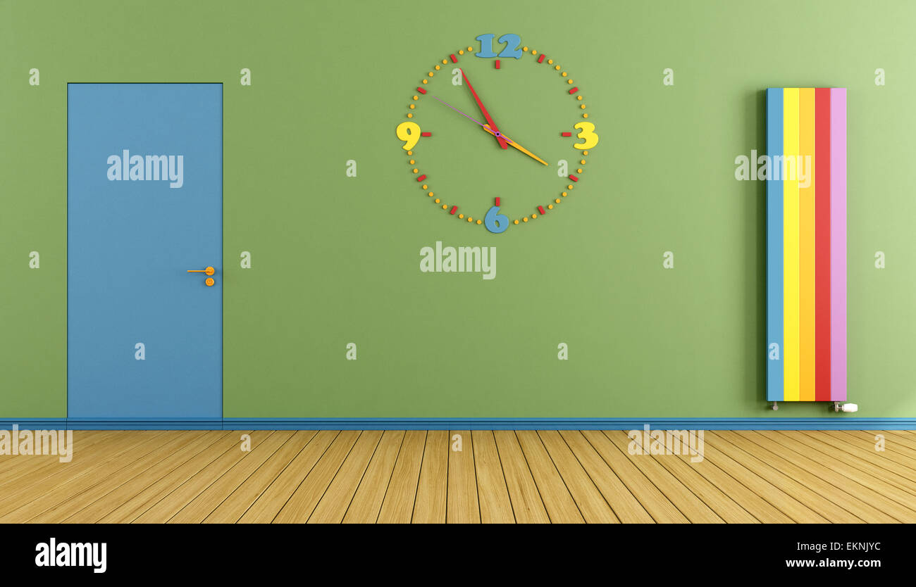 Leeren Sie Spielzimmer mit bunten Uhr blaue Tür und Verical Heizung-3D Rendering Stockfoto