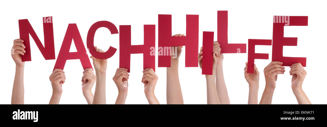 Viele kaukasische Menschen und Händen mit roten Buchstaben oder Zeichen Gebäude die isolierte Nachhilfe Wort-Geil was Coaching bedeutet Stockfoto