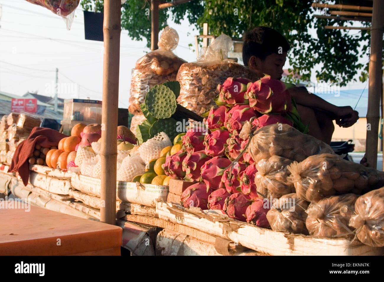 Dragon Fruit & Lotus Obst Samen stehen zum Verkauf als street Food-Snacks in Kampong Cham, Kambodscha. Stockfoto
