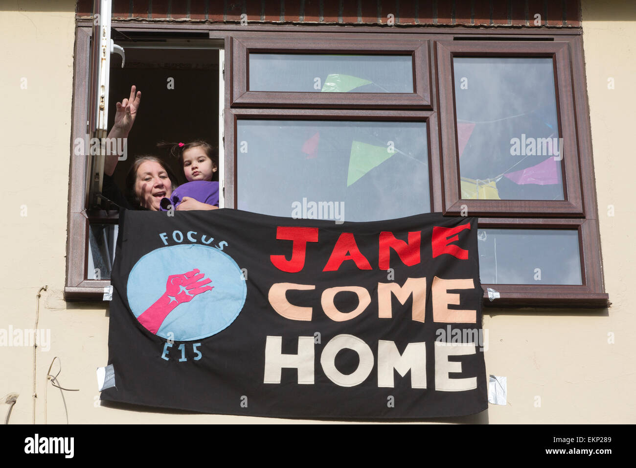 Konzentrieren Sie E15 Mütter East London Gehäuse Aktivisten hocken im ehemaligen Wohnhaus des Mieters Jane Wood, Newham, London, England, UK Stockfoto