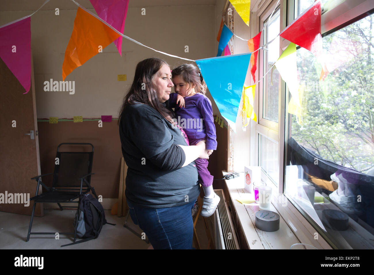 Konzentrieren Sie E15 Mütter East London Gehäuse Aktivisten hocken im ehemaligen Wohnhaus des Mieters Jane Wood, Newham, London, England, UK Stockfoto