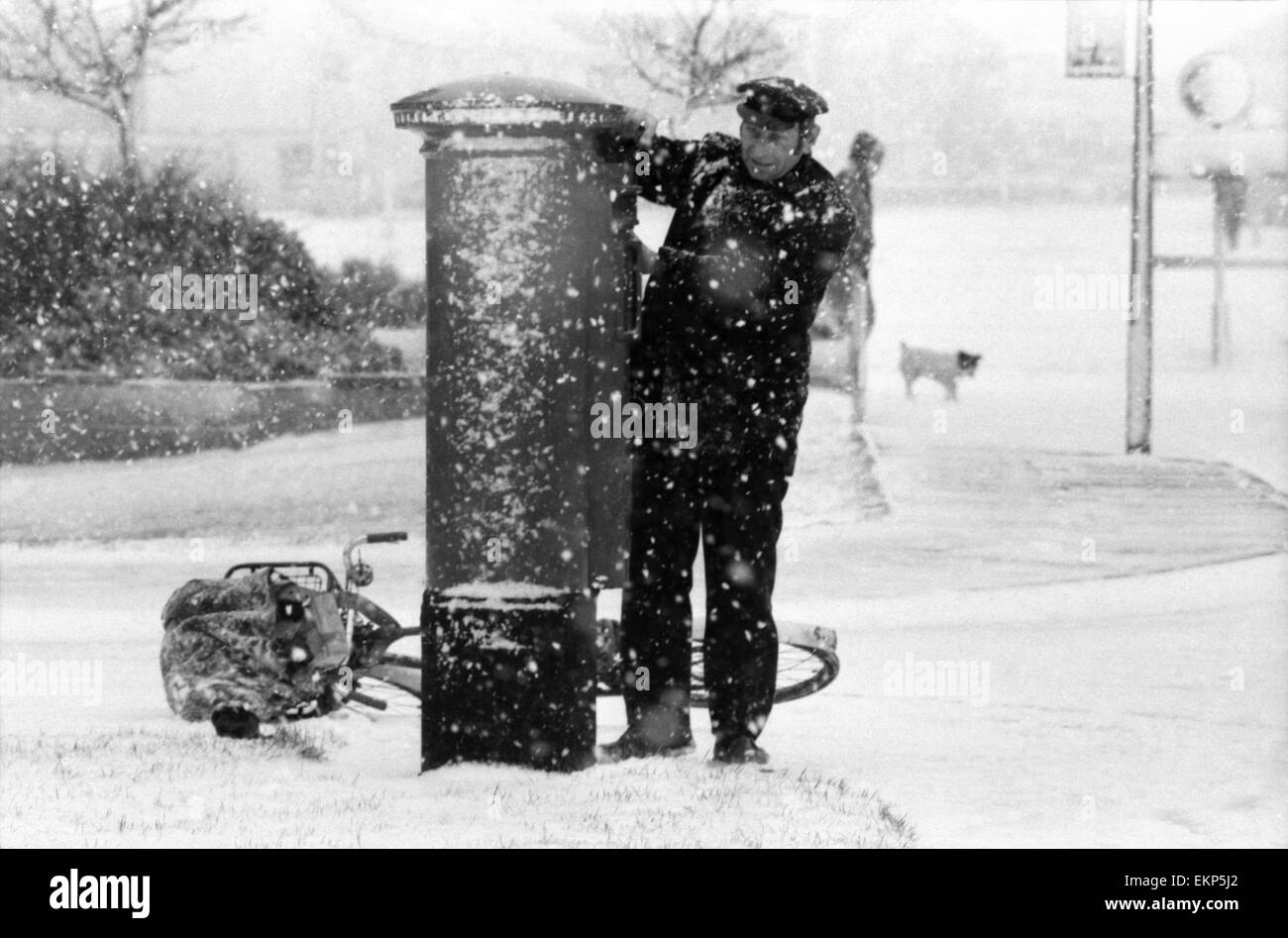 Schwere Schneefälle in Kent: The Postman sammeln die Mail in den schweren Schnee fallen in Newington, Ramsgate, Kent. Februar 1978 78-0684-001 Stockfoto