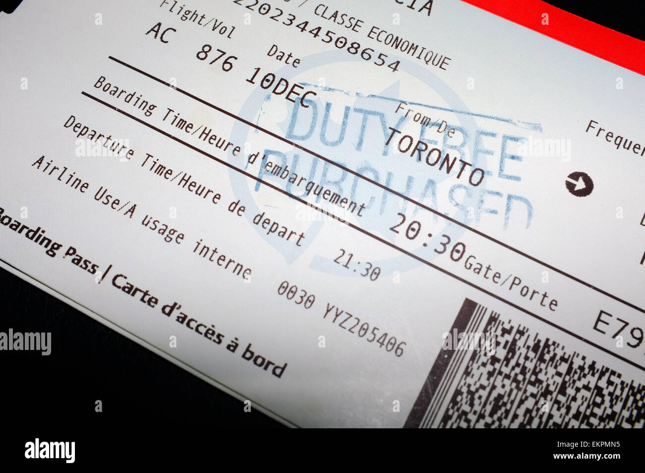 Eine Reihe von Air Canada Tickets von Toronto nach Johannesburg über Frankfurt Flughafen. Stockfoto