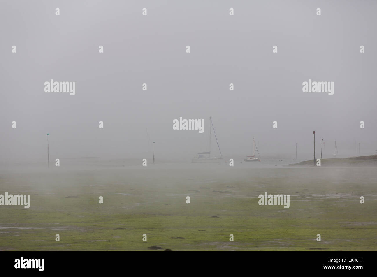 Seenebel umfasst den Oberlauf des Chichester Hafen an einem Frühlingsmorgen Stockfoto