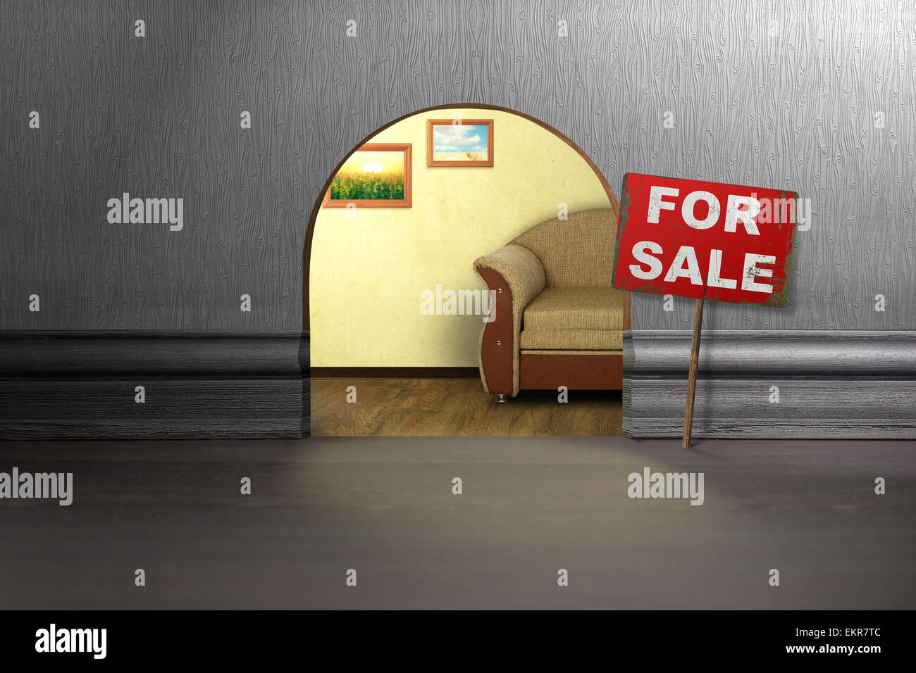 Mauseloch in der Wand mit Schild zum Verkauf. Haus-Verkauf-Konzept Stockfoto