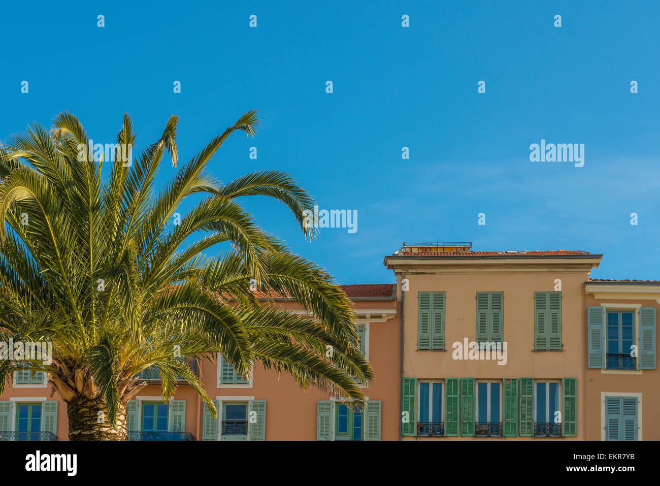 Traditionellen bunten Gebäuden an der französischen Riviera mit einer Palme im Vordergrund und vor blauem Himmel Stockfoto