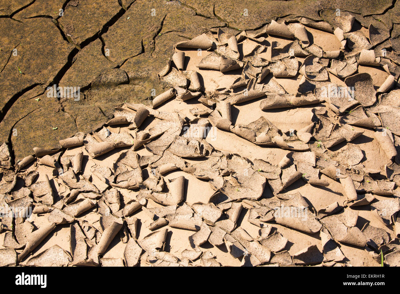 Schlamm Risse im trocknen Flut Trümmer nach der katastrophalen Malawi Überschwemmungen, Malawi, Afrika. Stockfoto