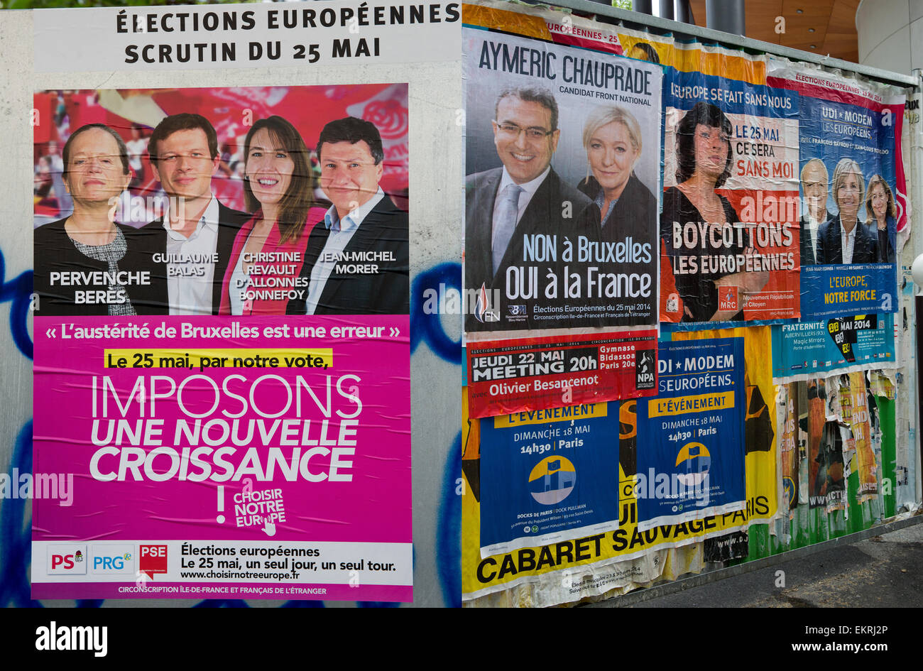 Plakate für den französischen Kandidaten bei den Wahlen für das Europäische Parlament in Paris, Frankreich 2014 Stockfoto