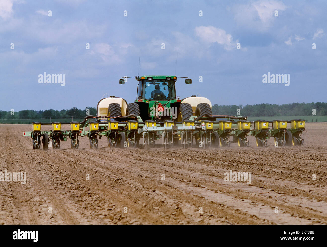 Landwirtschaft - Ausrüstung, Traktor Bepflanzung Baumwolle mit 15-Zeile Pflanzer in 30-Zoll-Reihen / Mississippi, USA. Stockfoto