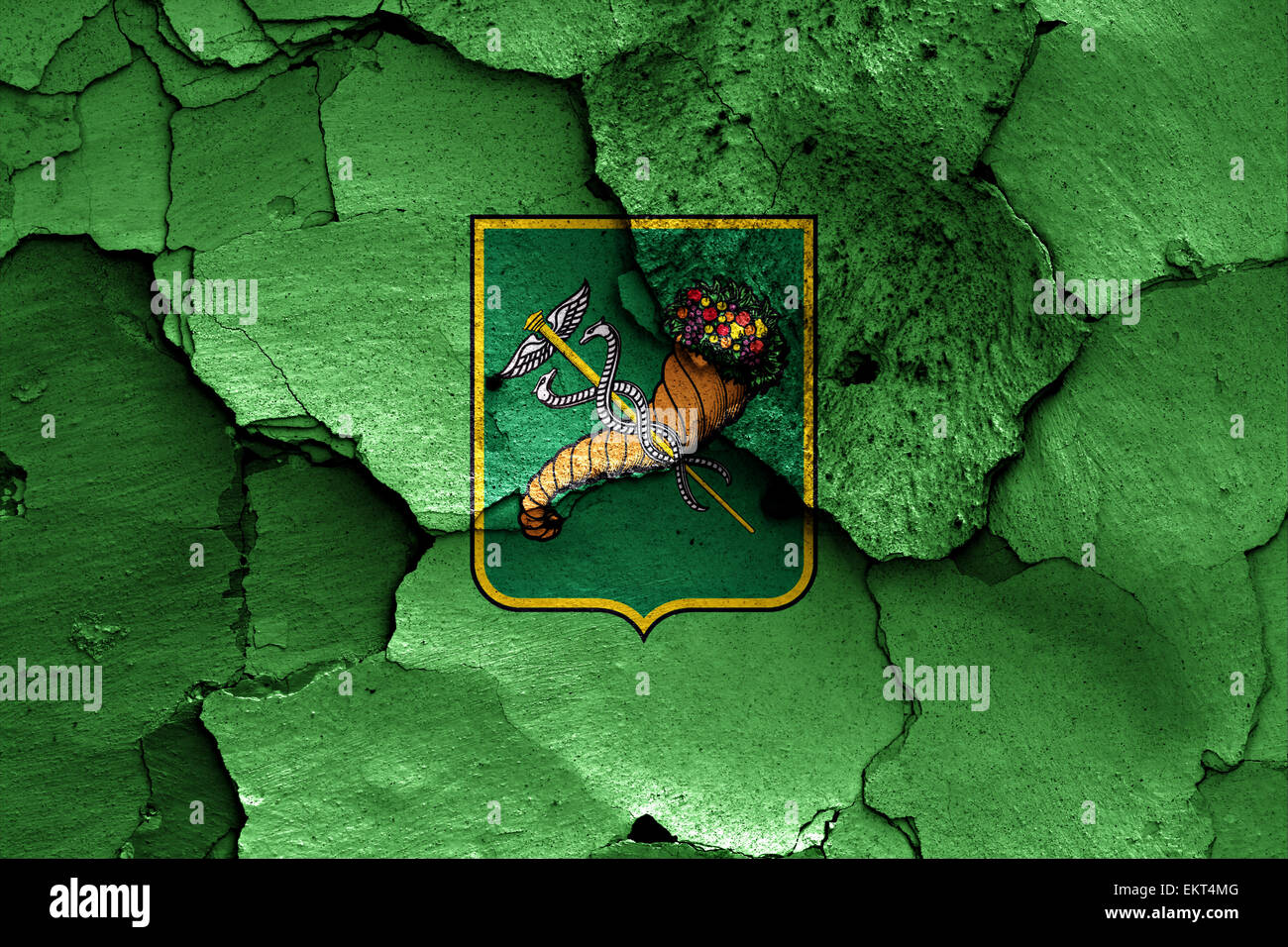 Flagge von Charkiw auf rissige Wand gemalt Stockfoto