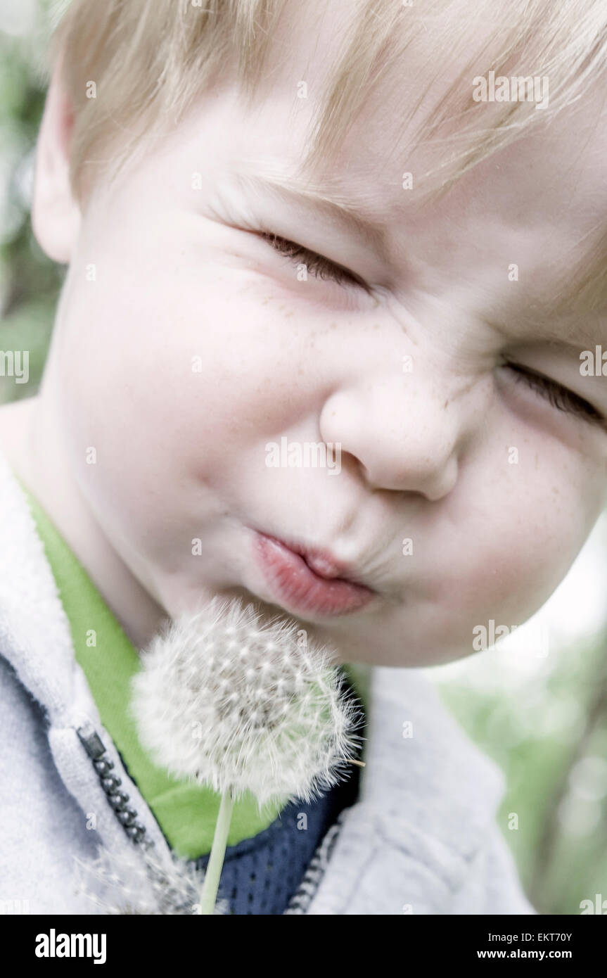 Kind schließt die Augen und bläst auf Löwenzahn Stockfoto