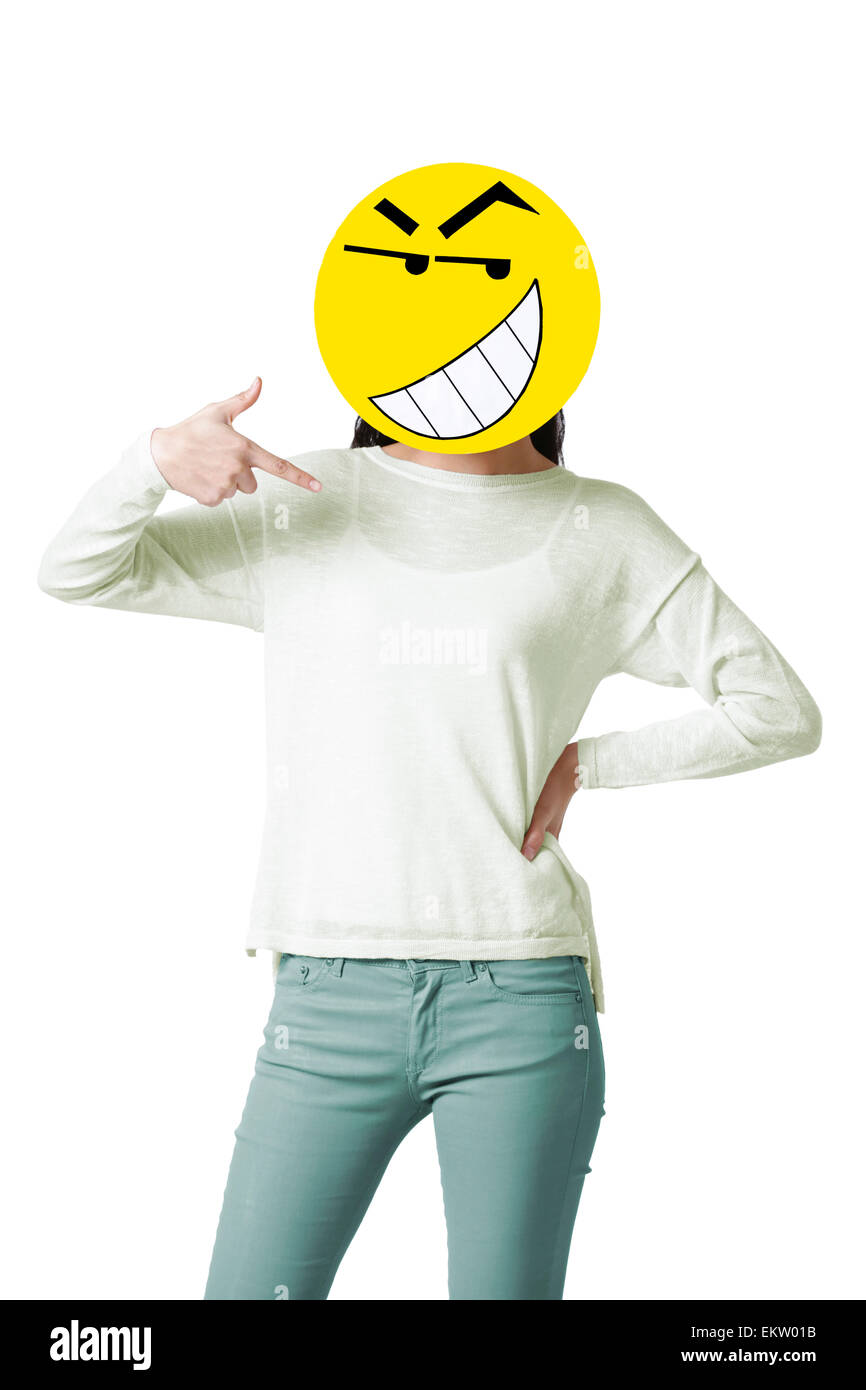 Junge Frau mit einem glücklichen Smiley Gesicht vor ihr Gesicht Stockfoto